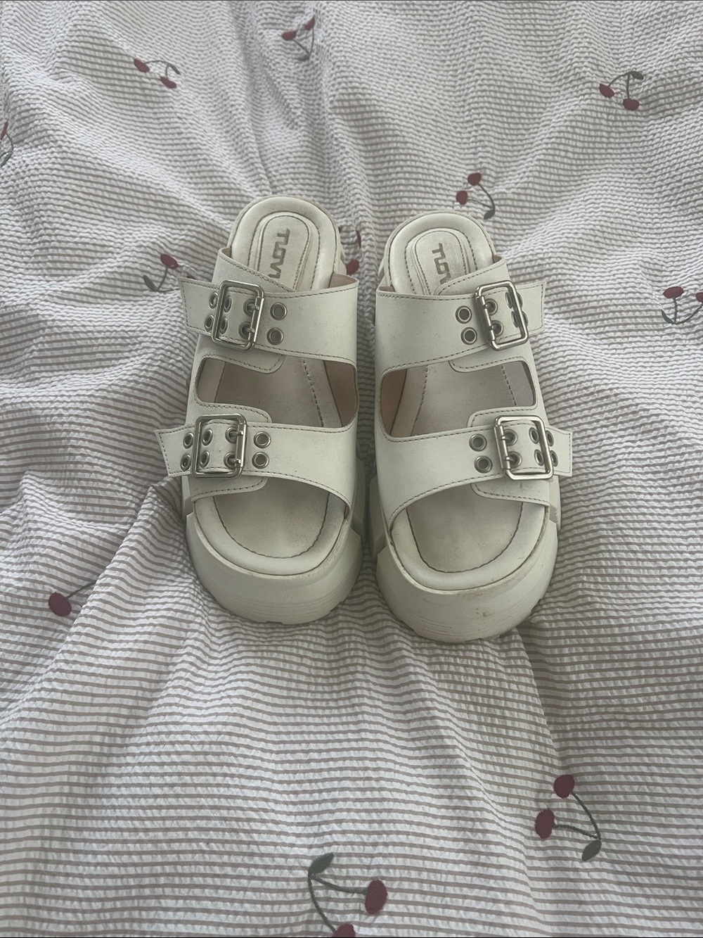 White Double-Buckle Platform Slide Mules